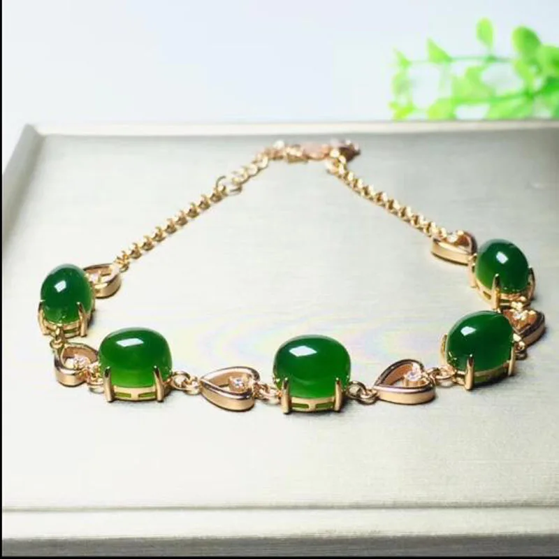 Natural Hetian Green Jade Jasper Noodle Rose Gold Chain Bracelet For Mother's Day Gift Female High Taste Temperament | Украшения и