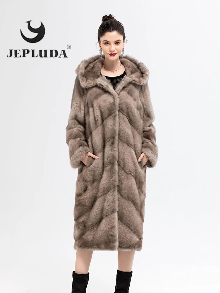 Jepluda 고급스러운 리얼 모피 코트 여성 소프트 따뜻한 풀 펠트 자연 여성 밍크 길게 후드 겨울 자켓 여성 리얼 모피 자켓