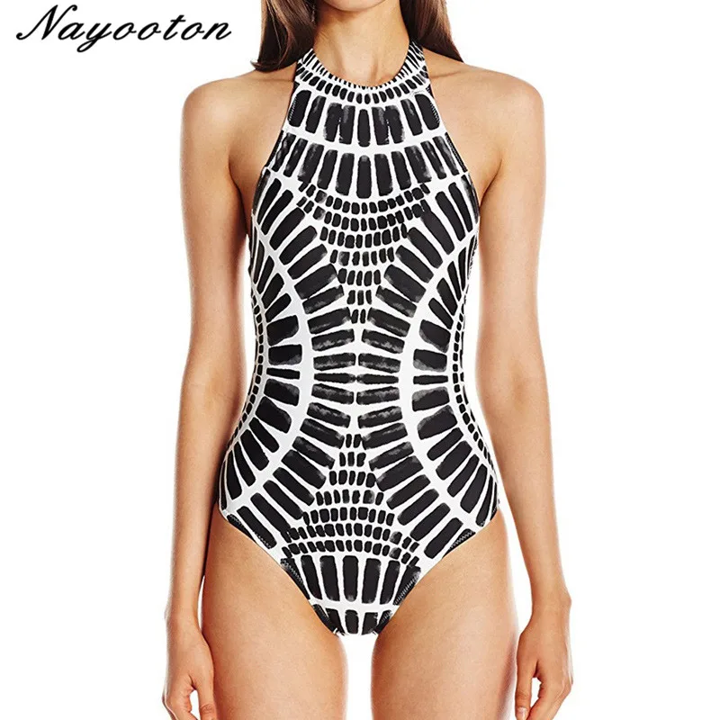 

Women's High Neck Halter One Piece Swimsuit Black White Swimsuit Female Bathing suit