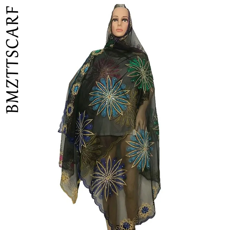 Африканская Женская шаль мусульманская вышивка шарф из тюли хиджаб шарф мусульманский шарф больших размеров для шали BM562 - Цвет: Color 1