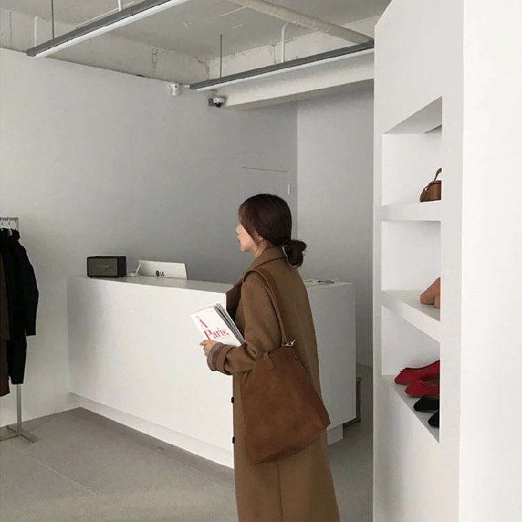 Зимнее пальто женское Шерстяное двубортное корейское длинное пальто однотонная верхняя одежда негабаритных уплотненных зубчатых карманов Офисная Леди V553