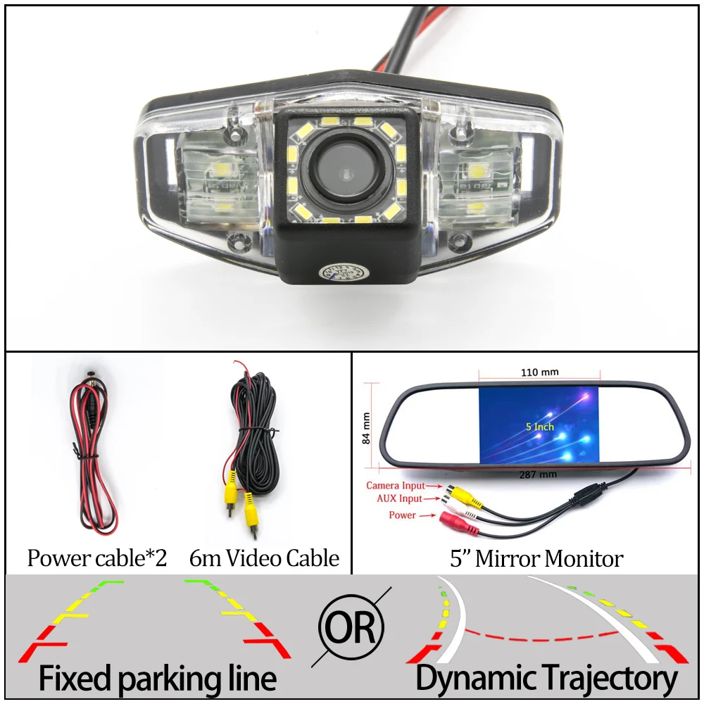 Камера заднего вида CCD с фиксированной или динамической траектории для Honda Accord 2001-2010/City-/Civic 2012~ автомобильная парковочная камера - Название цвета: 12LED N 5 in Mirror