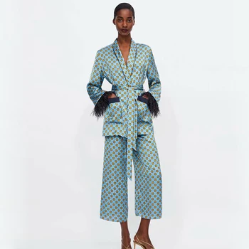 

ZA Women's Print set Long-sleeved Shirt Coat Trousers Autumn and Winter Slip Surface Cloth Lace-up Shirt Casual Fashion Suit