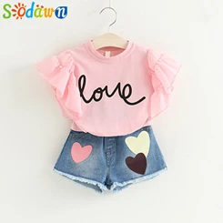 Sodawn/Модный комплект одежды для девочек, лето, одежда для маленьких девочек, белая куртка, украшение в виде цветка+ джинсовые шорты, детская одежда