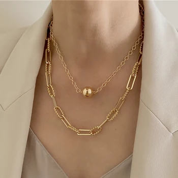 

Peri'sBox Modern Gold Ball Textured Paperclip Chain Necklace Layered Thick Rectangular Twisted Chain Links Necklaces for Women