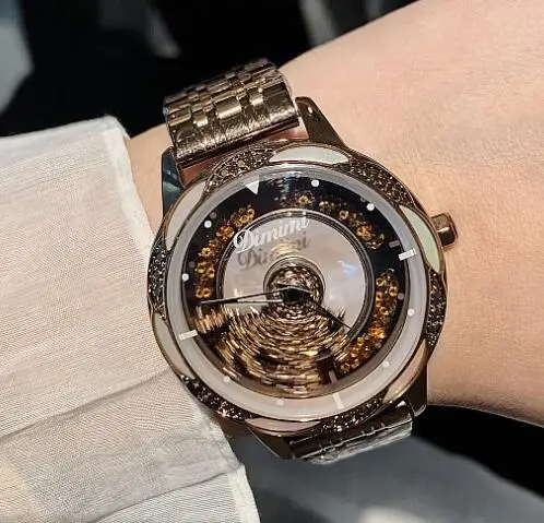 Новые популярные женские часы со стразами женские блестящие нарядные часы круглые розовые наручные часы с золотым браслетом вращающиеся алмазные часы - Цвет: Coffee