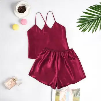 

Lingerie Sexy Pijama Women Pajamas Set Sleepwear Sleeveless Strap Lace Trim Satin Cami Tops Underwear Sets пижама женская A40