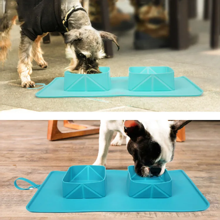 Travel Collapsible Silicone Pets Double Bowl Puppy Dog Cat Food Water Feeding Non-Skid Silicone Mat Cup Dish Pet Accessories