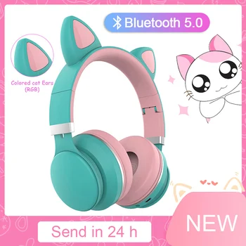 

New Colorful contrast Bluetooth headhand Cat Ears cute Noise Cancelling Kids Headset Bluetooth 5.0 headphone With Mic Grils Gift