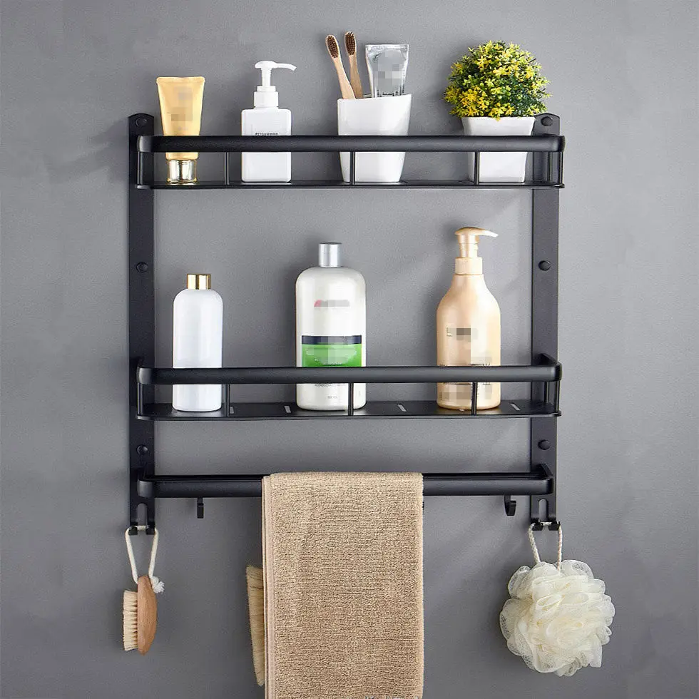 Black Bathroom Shelf Shower Caddy Wall Mounted Kitchen Bath Rack with Bar  Hook Space Aluminum Shelves Organizer Storage etagere - AliExpress