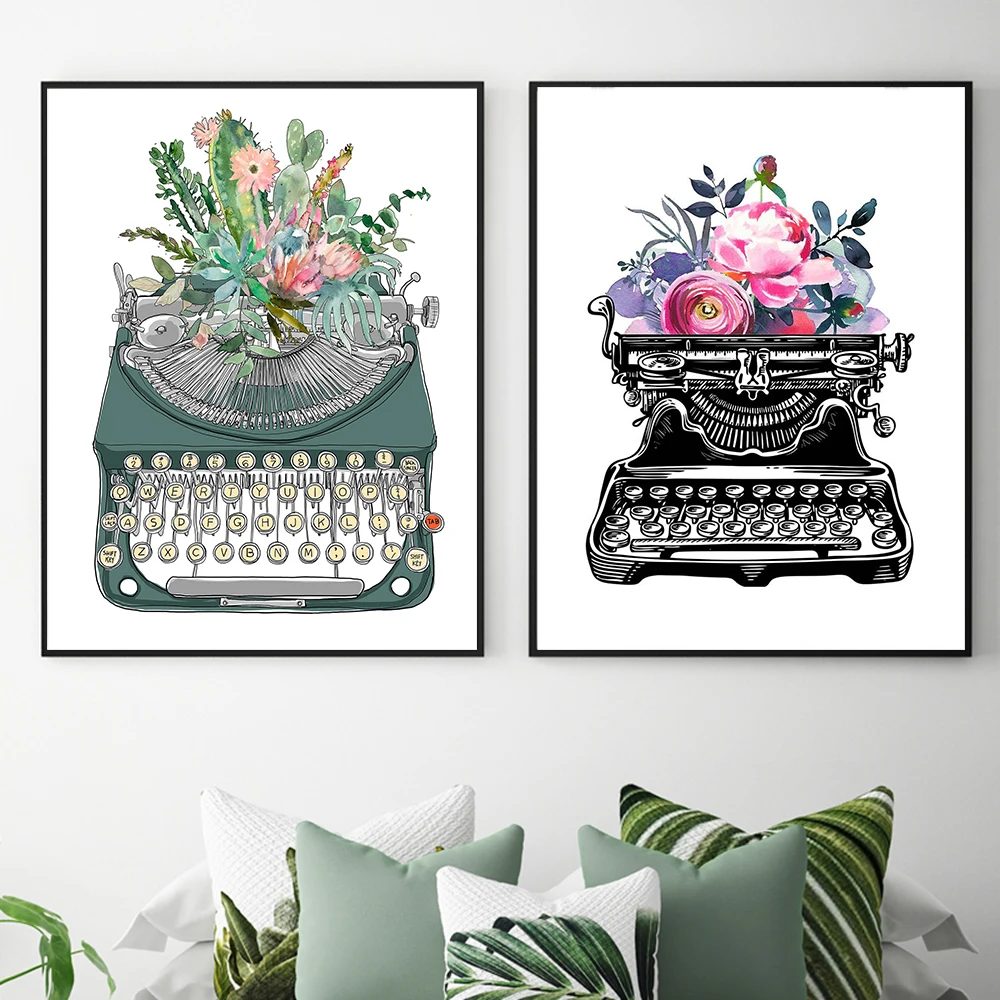 

Watercolor Typewriter Flower Cactus Canvas Art Print Nordic Poster And Prints Painting Modern Home Decoration Wall Pictures Gift