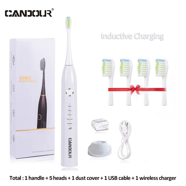 thumbnail image 1 of Cepillo de dientes eléctrico sónico CANDOUR 5166 para adultos, recargable por USB, con temporizador, con cabezal de repuesto de 8 piezas, 1 of 5
