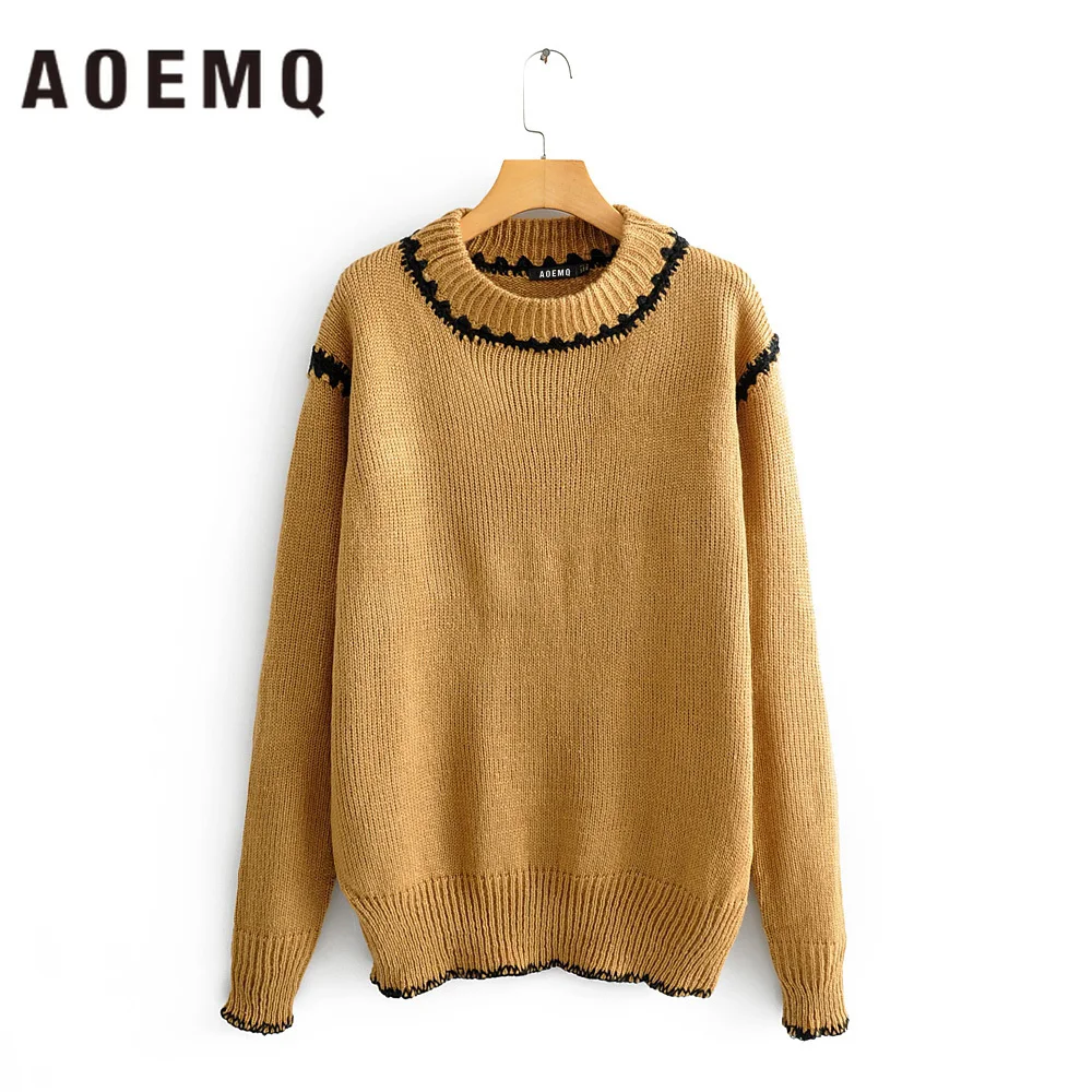  AOEMQ Fashion Knitted Sweaters O-Neck Collar Patchwork Christmas Sweaters Long Section Sleeve Sweat