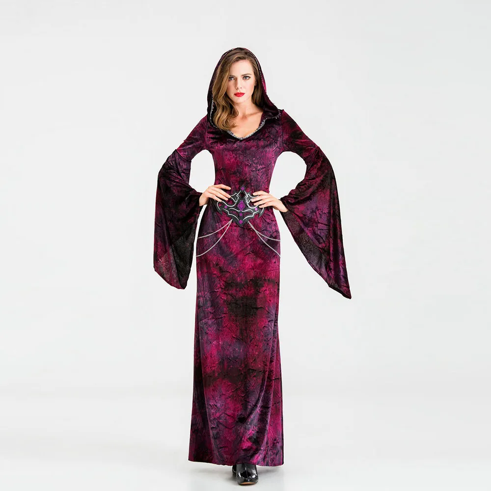 Средневековая готика ведьма с капюшоном платье на Хэллоуин для взрослых страшные костюмы вампир ведьма Caotume для женщин Маскарад длинное платье