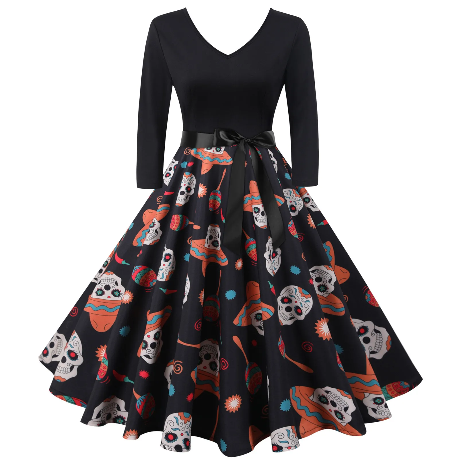 Women's Halloween Digital Printed Waist Long Sleeve Stitching V-neck Dress Vintage Bowknot Costume Dress for Evening Party 2021 1