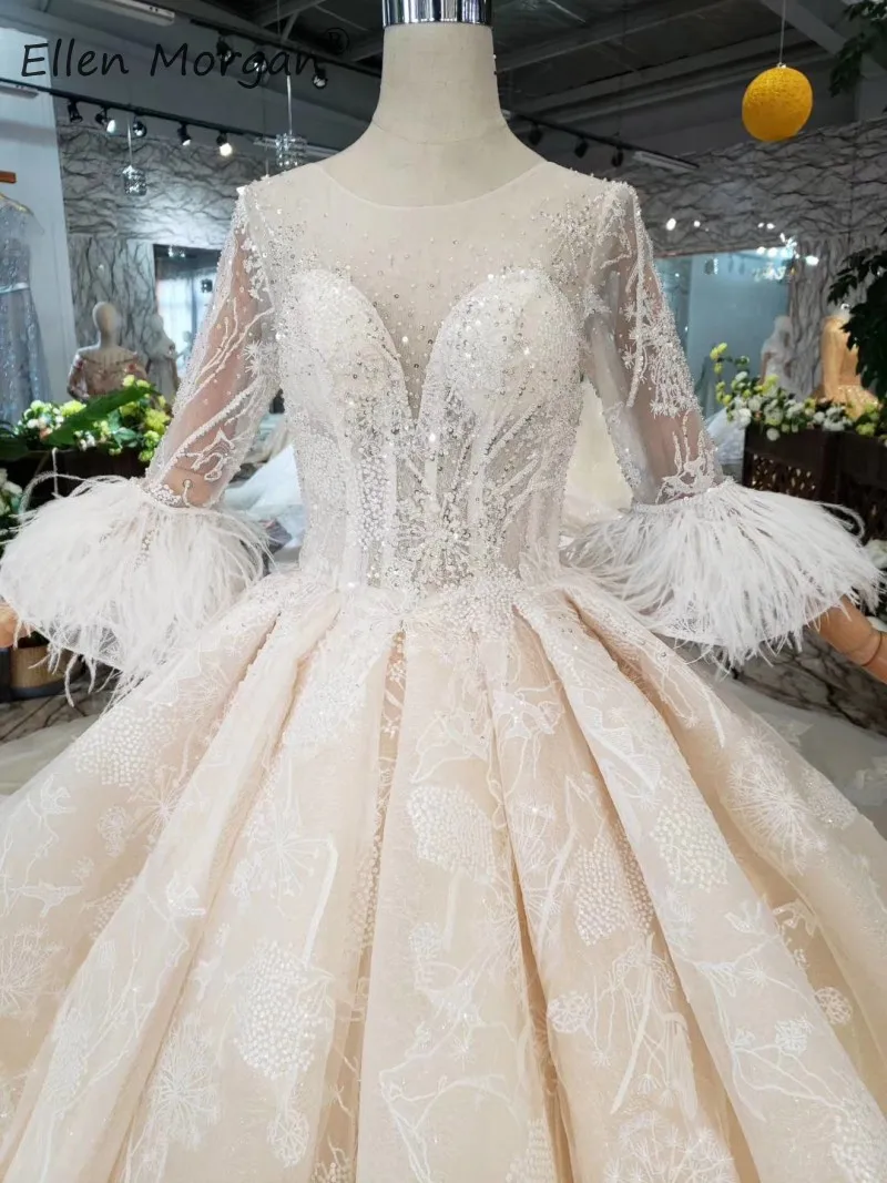Роскошные кружевные Пышные свадебные платья Vestidos De Novia, вырез лодочкой, три четверти, перья, бусины, формальные свадебные бальные платья для женщин