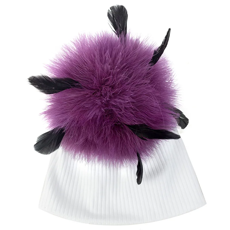 white purple Geebro/Новое поступление; детская шапка в рубчик с галстуком-красителем; Модный прочный мягкий хлопок; шапка для девочки; 15 см; страусиное меховое шапки с помпонами - Цвет: white purple