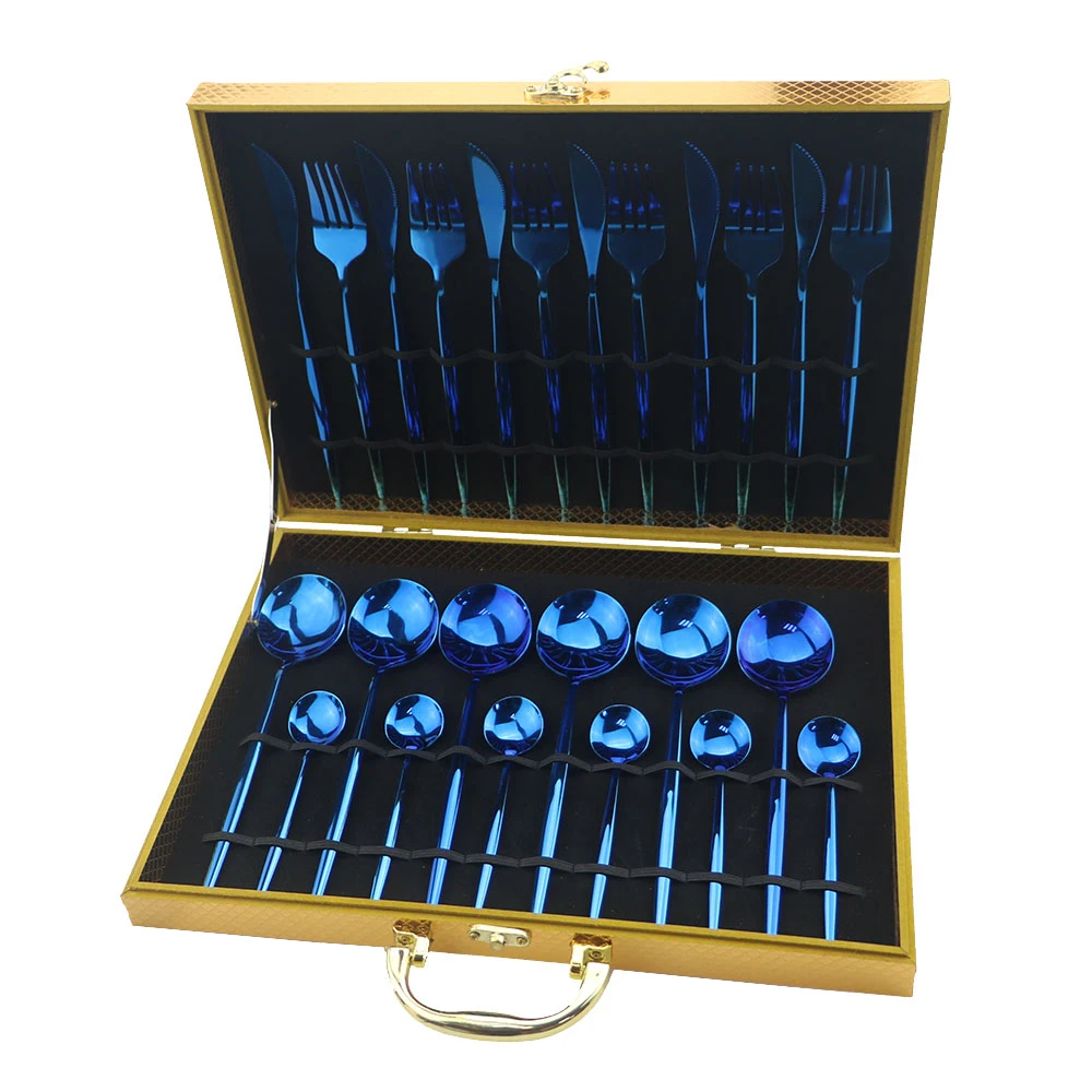 

24Pcs Dinnerware Set 304 Stainless Steel Mirror Tableware Set Blue Knife Fork Spoon Cutlery Silverware Flatware With Gift Box