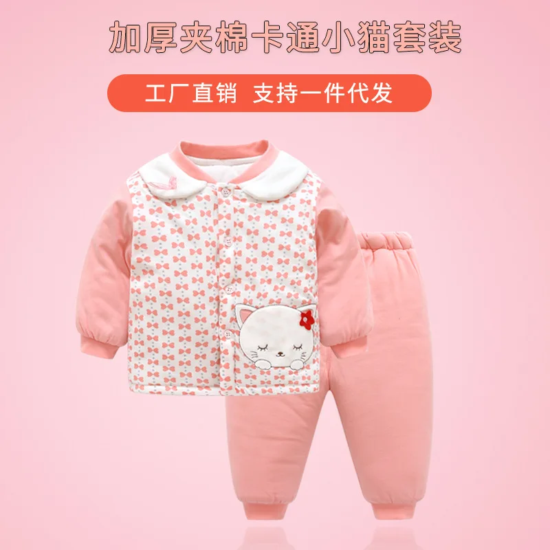 

Winter New Style Clothes for Babies Thick Quilted Suit Cute Cartoon Baby Girls Pure Cotton out Clothes Two-Piece Set