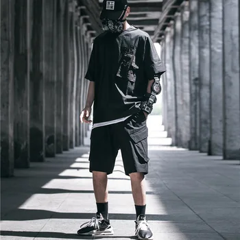 

Drawstring Letter Pocket Techwear Tops Tees Men Summer Hip Hop T-shirts Loose Casual Japan Style Pullover Tshirts Streetwear Top