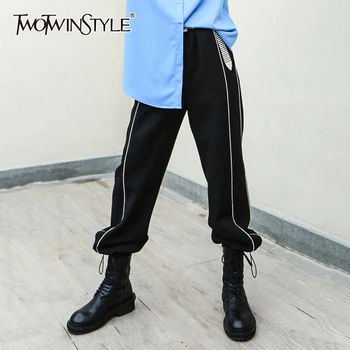 

TWOTWINSTYLE Patchwork Diamonds Women Boot Cut Pant High Waist Loose Hit Color Drawstring Pants Femlae Fashion Spring Clothing