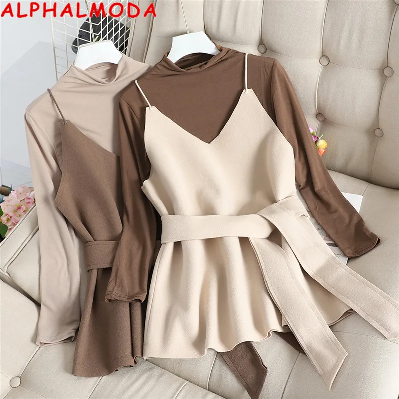ALPHALMODA Новая тонкая футболка с полувысоким воротником+ жилет на бретельках для женщин, элегантный комплект из 2 предметов, Осенний повседневный комплект из 2 предметов, куртка с поясом