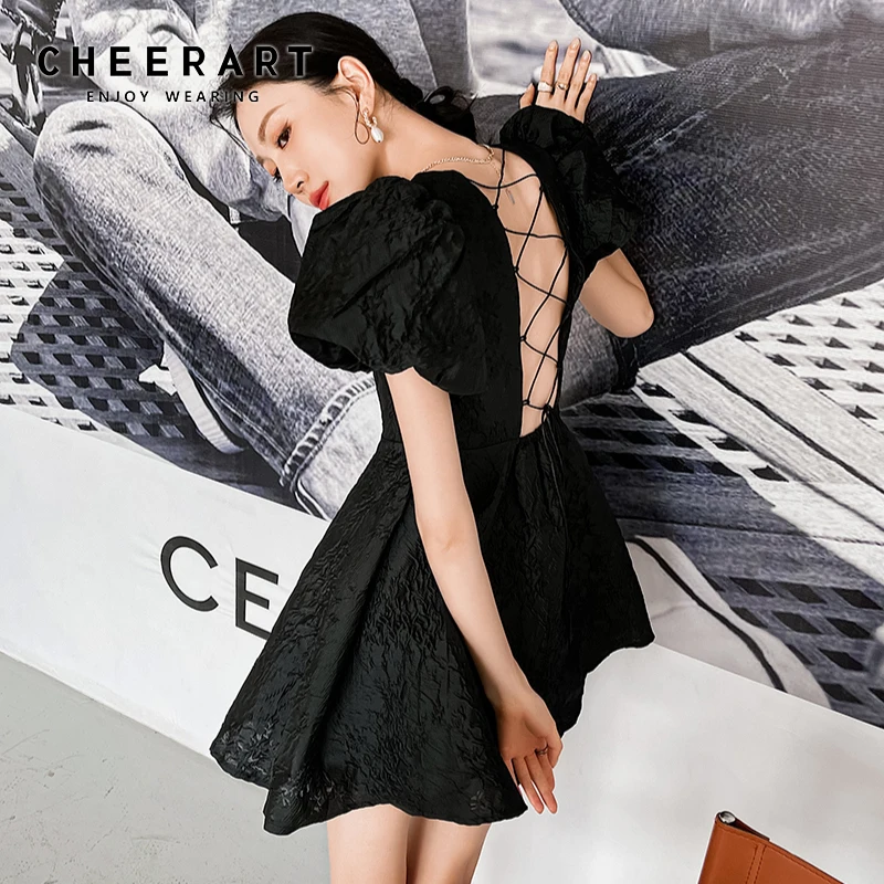 

CHEERART Bandage Backless Puff Sleeve Dress 2021 Fashion Women Texture Short Sleeve Summer A Line Designer Mini Ladies Dress