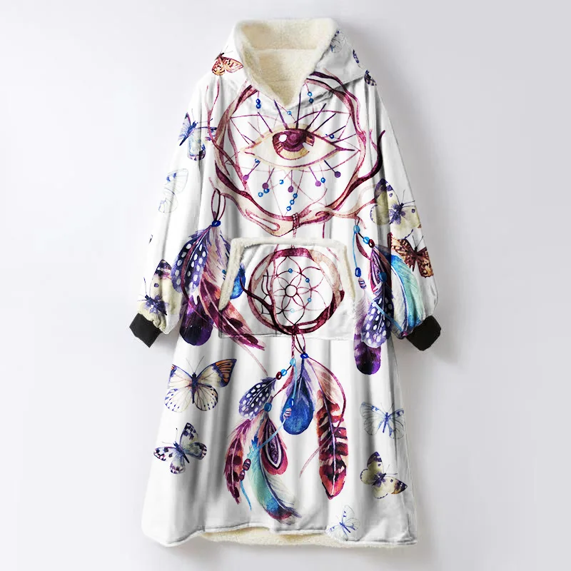 Bohemian Dream Catcher Hooded Blanket with Sleeves Starry Sky Vs Pink Sherpa Throw Blankets for Sofa Super Soft Halloween Coat