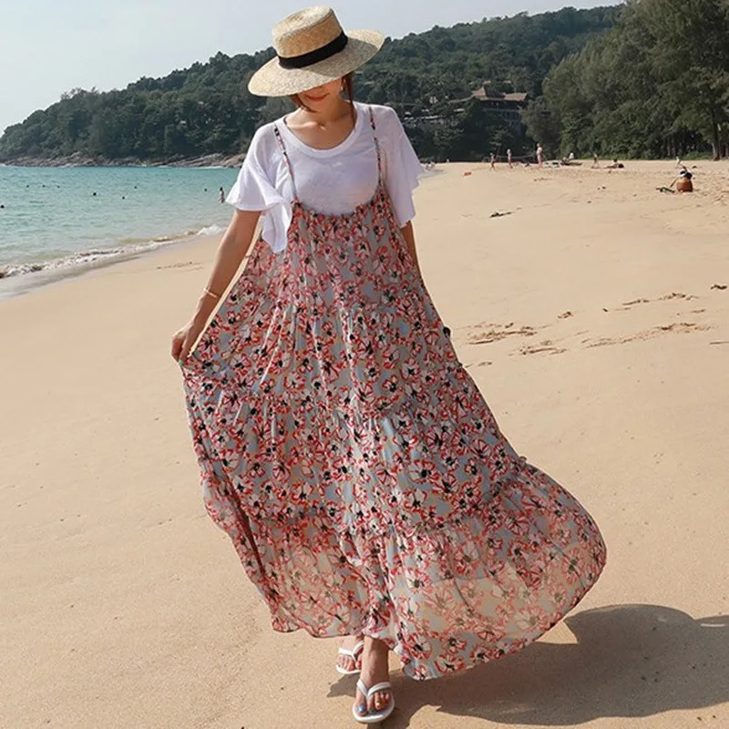 

Summer Wear New Style Chiffon Camisole Floral Dress Women's Mid-length Korean-style Loose And Plus-sized Printed Flounced Skirt
