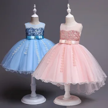 

For 7 8 9 10 12 Years Girls Trailing Lace Dress Children Princess Bling Sequins Ball Gown Wedding Birthday Party Frocks Vestidos