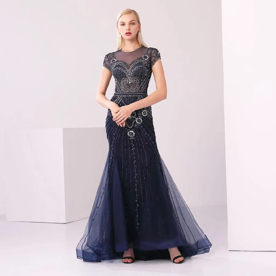 Lakshmigown шикарное женское вечернее платье русалки Robe Rouge Femme хрусталь Бисер Тюль Длинные темно-синие вечерние платья для выпускного вечера