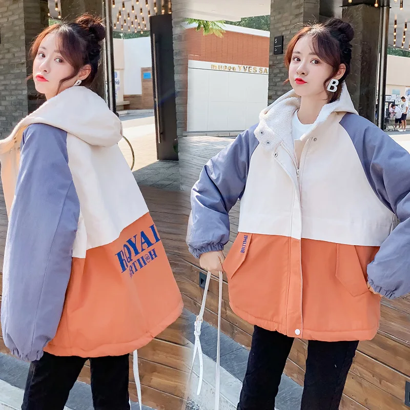 

2019 Winter New Style Korean-style Students Loose-Fit BF Contrast Color Harajuku-Style Lambs Wool Coat Thick plus Velvet Cotton-