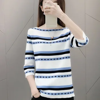 

Women Pullover O Neck Sweater Knitted Jumper Three Quarter Sleeve Sweaters Striped Autumn Tops Women Sweaters And Pullovers