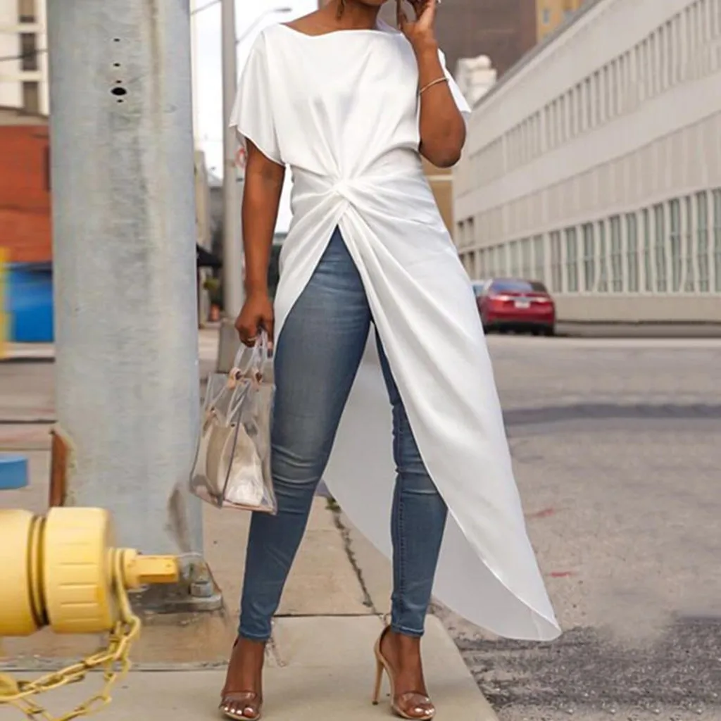 Fashion Pleated Knot Long Blouse Irregular Casual Summer Ladies Solid O-Neck Tunic Tops Female Women Short Sleeve Shirt Blusas | Женская