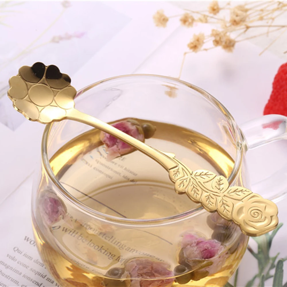 

Stainless Steel Coffee Spoon Flower Shape Ice Cream Honey Dessert Teaspoon Artificial Sanding High Quality