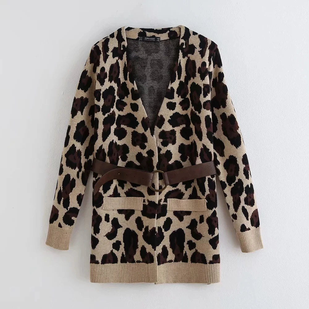 Leopard Женские осенние кардиганы с леопардовым принтом, с поясом, с длинным рукавом, Вязаное кимоно, модная женская зимняя одежда zoravicky - Цвет: Leopard