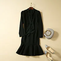 Высокое качество, новейшая мода, стильное дизайнерское подиумное платье, женское платье с длинным рукавом и воротником-бантиком, платье русалки - Цвет: Черный