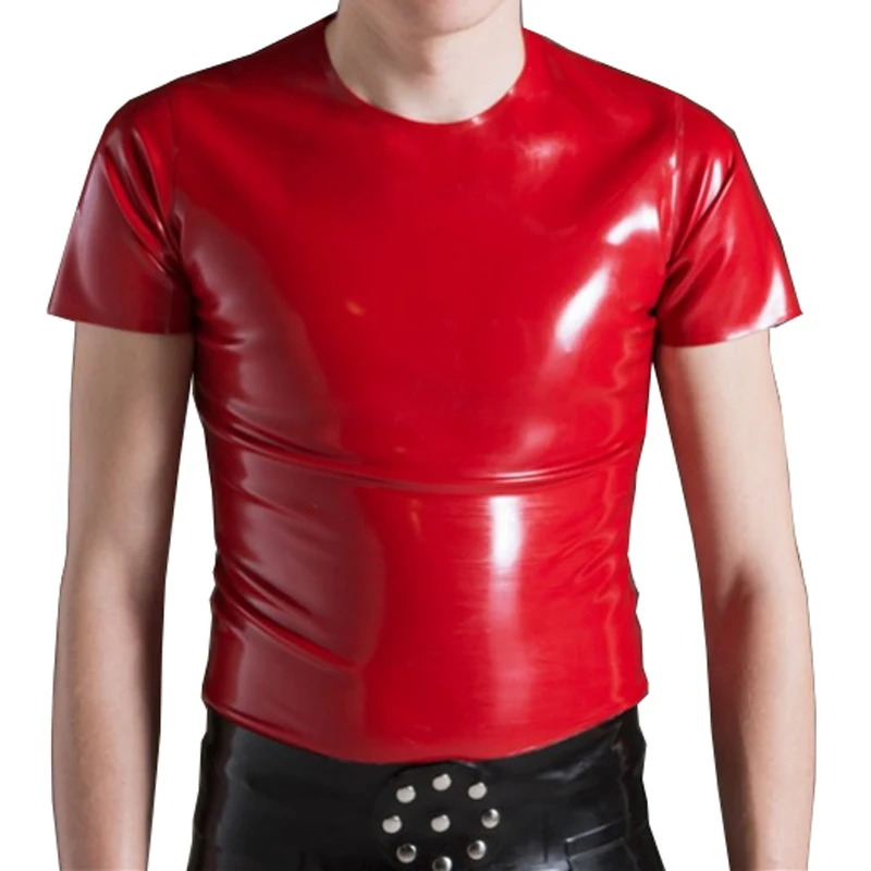 Красный латексный Мужской Топ Футболка круглый воротник резиновый коврик рубашка ручной работы S-LSM067