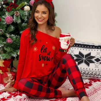 

Christmas Letter Printing Long-Sleeved Pajamas Shirt Plaid Trousers Casual And Comfortable Two-Piece Female Home Service Suit