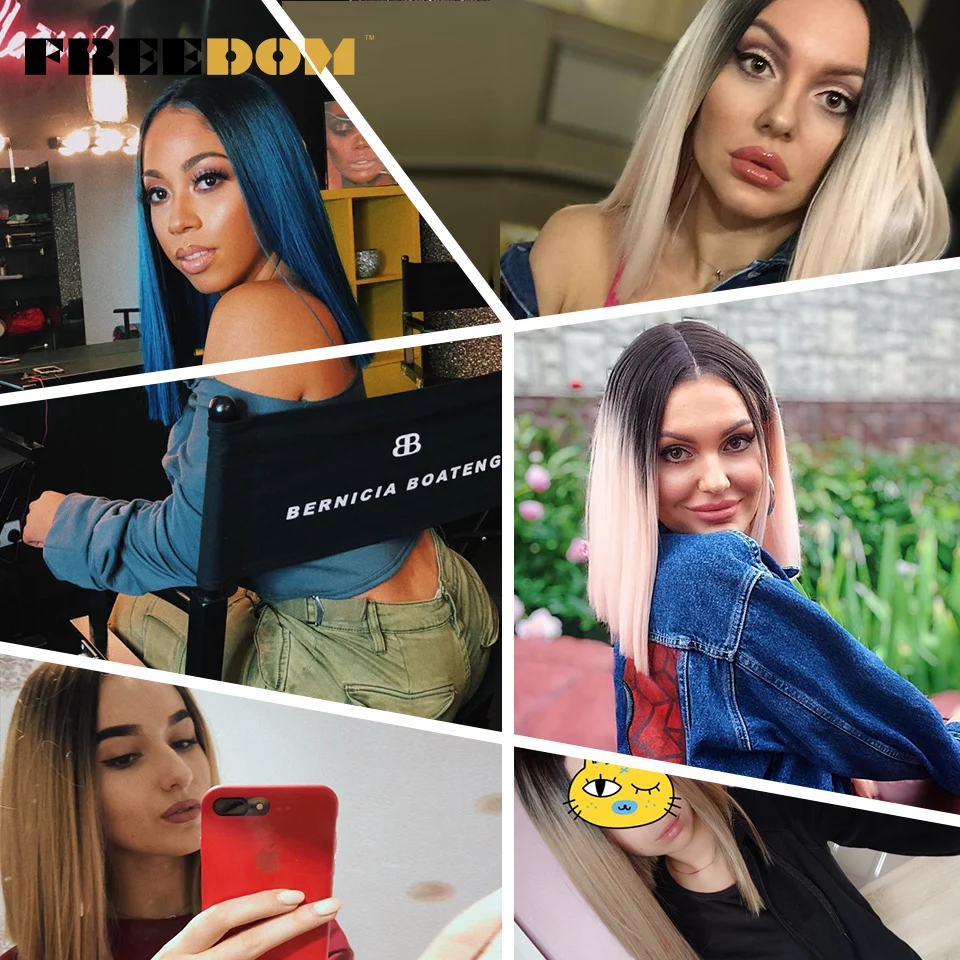 Tanie Wolność proste włosy syntetyczne koronki przodu i T część peruka 14 Cal peruki niebieski peruka ombre kolor do wyboru peruka do cosplay darmowa wysyłka