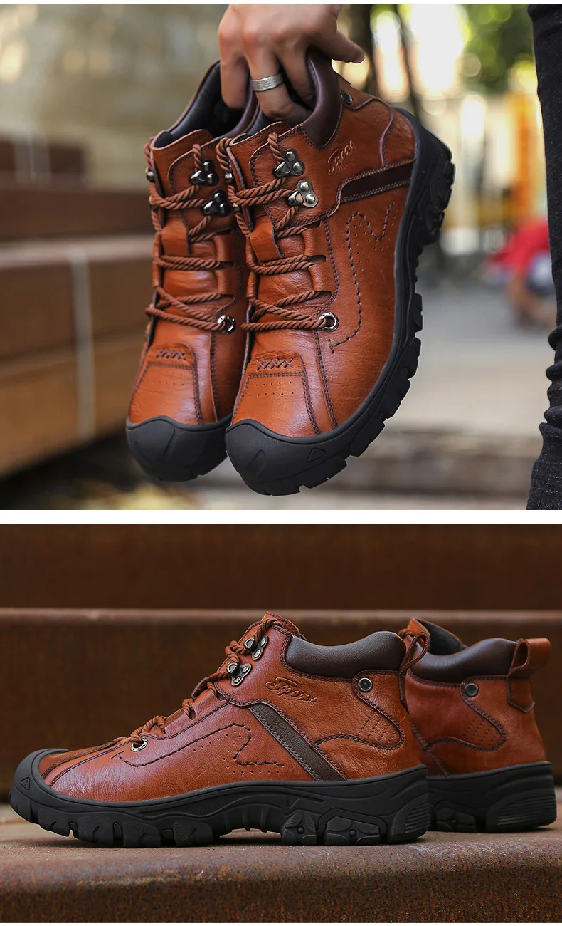 Genuine Leather Shoes Men Russian style Men Snow Boots Plus Size Top Quality Leather Ankle Boots Lace-up Warm Winter Shoes