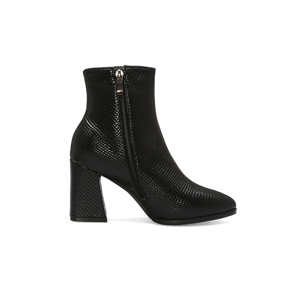 Новые зимние женские ботильоны из искусственной кожи со змеиным принтом; обувь на молнии с острым носком; женские ботинки на толстом высоком каблуке; обувь для вечеринок; zapatos de mujer