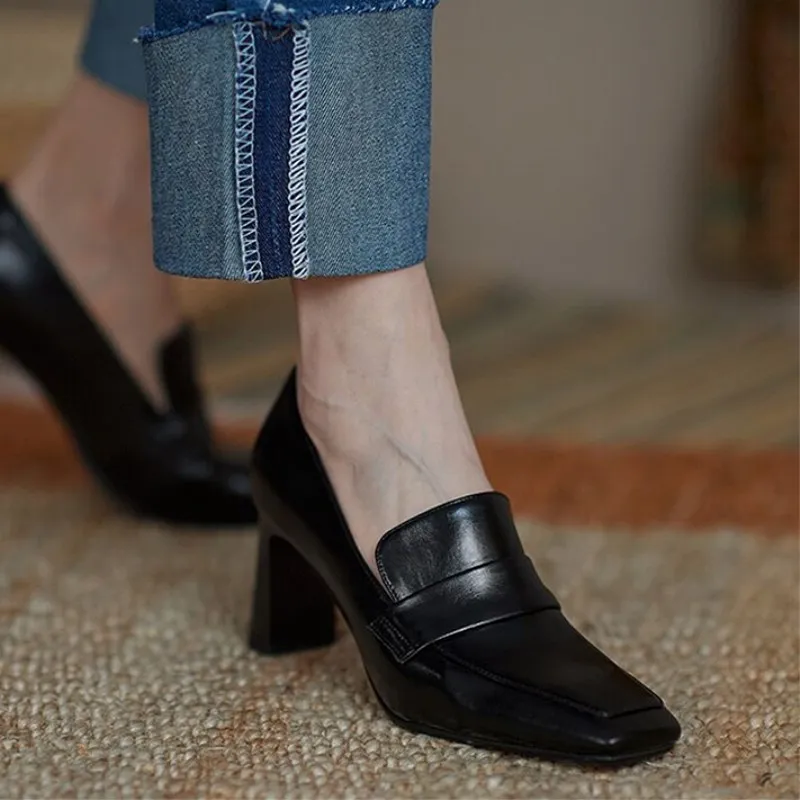 Женские кожаные лоферы SLHJC на высоком каблуке офисные повседневные туфли-лодочки