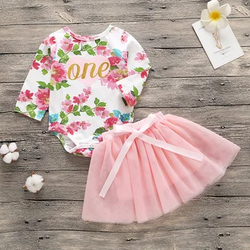 

2020 Long Sleeve Floral Triangle Romper+Pink Mesh Skirt Set 2 Piece Outfit For Princess Newborn Baby Girl Clothes Ropa Bebe