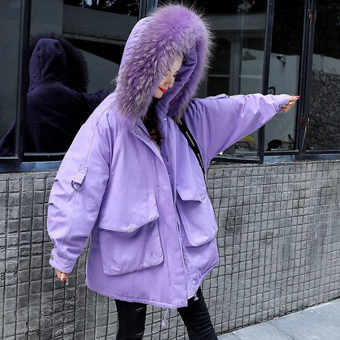 

Cotton Overcoat Winter Women's 2019 New Style Korean-style Loose-Fit BF Large Fur Collar Waist Hugging Slimming Fashion Hooded C