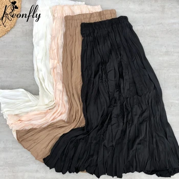 

PEONFLY Fashion 2020 Women Cotton Long Skirts High Waist Pleated Maxi Skirts Vintage Korean Spring Elegant Skirts Faldas Saia