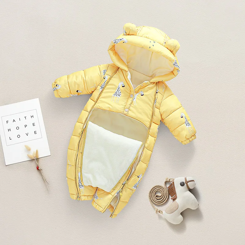 2022 Winter Warm New Born 3M 6M 9M 12M 70 80 90 100cm Toddler Infant Hooded Jumpsuit Overalls Coat Plus Velvet Baby Boy Rompers