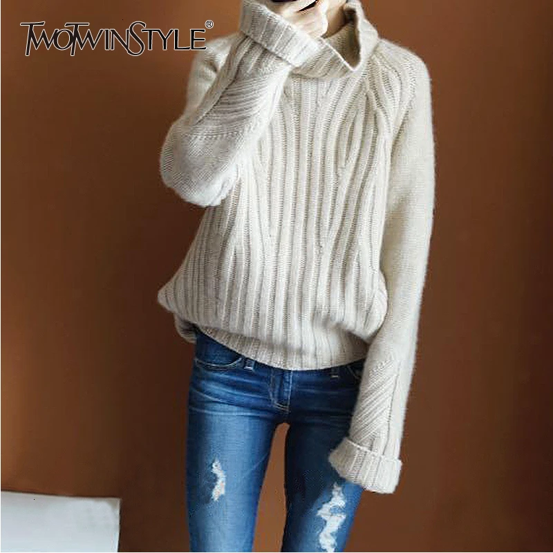 TWOTWINSTYLE корейский вязаный женский свитер водолазка с длинными рукавами свободные свитера женский осень зима мода
