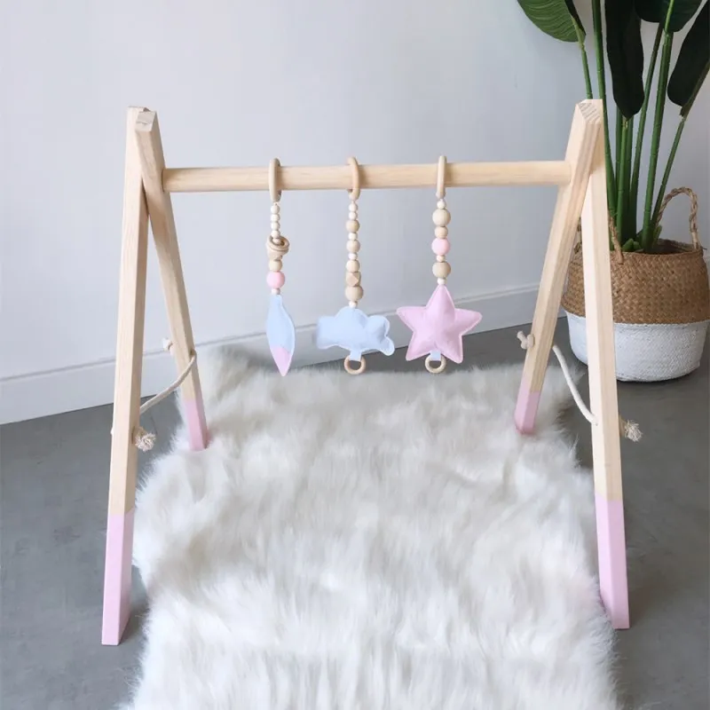 INS Nordic Felt Feather Cloud Star Wooden Beads Ornament Wall Hanging Pendant Baby Rattle Stroller Play Gym Toy Home Accessories - Цвет: pink