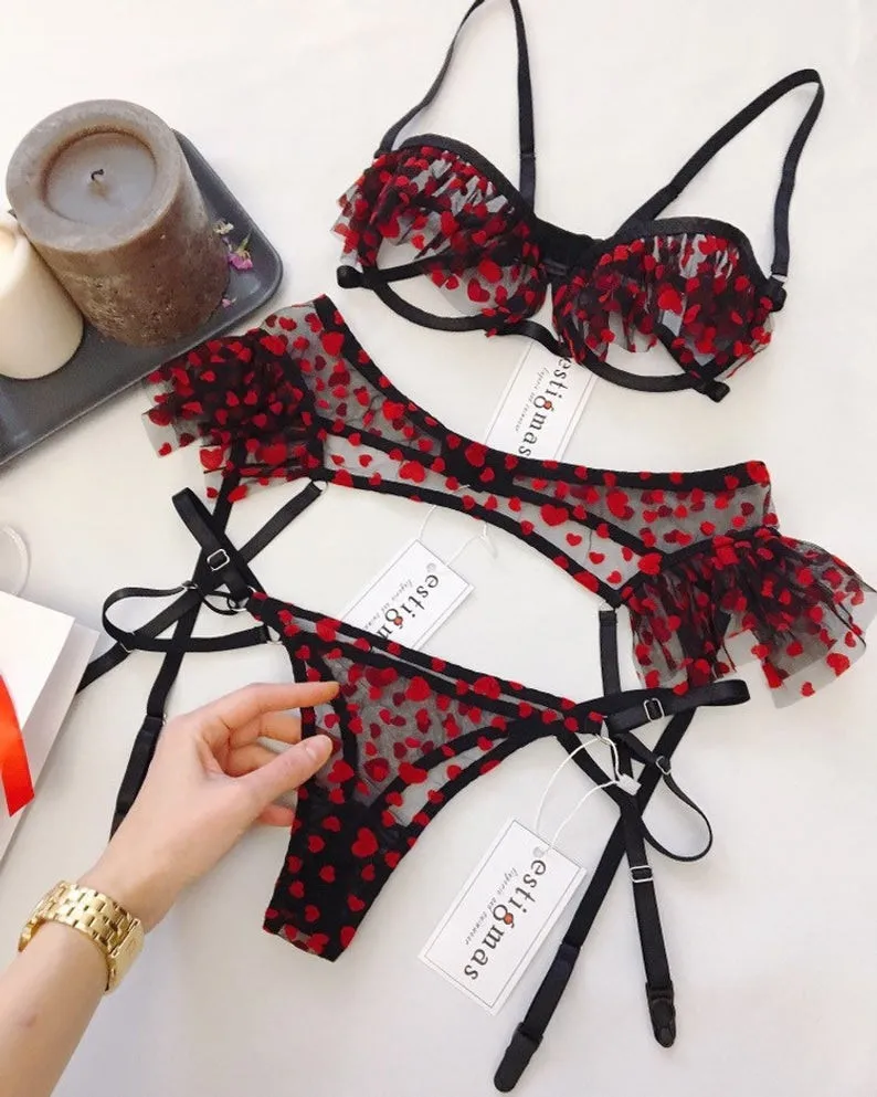 Sexy bikini three-piece lace sexy lingerie set of three bras + panties + garter wine red sexy bikini free shipping 40A1 (9)